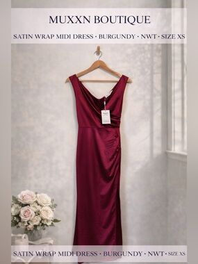 MUXXN Boutique Satin Wrap Midi Dress Burgundy NWT Size XS
